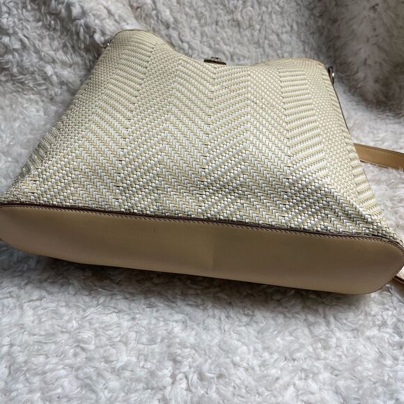 Stella & dot Rattan woven beige large shoulder bag with cream trim and strap - Picture 5 of 11